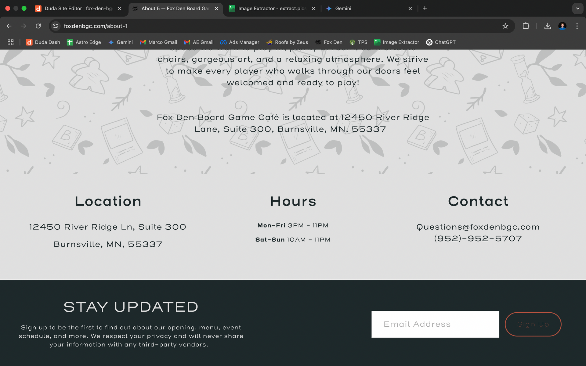 Screenshot of a website's contact page, including location, hours, contact information, and an email signup form.