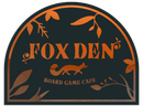 Fox Den Board Game Cafe logo: black arch with orange text and fox graphic, surrounded by orange plant illustrations.
