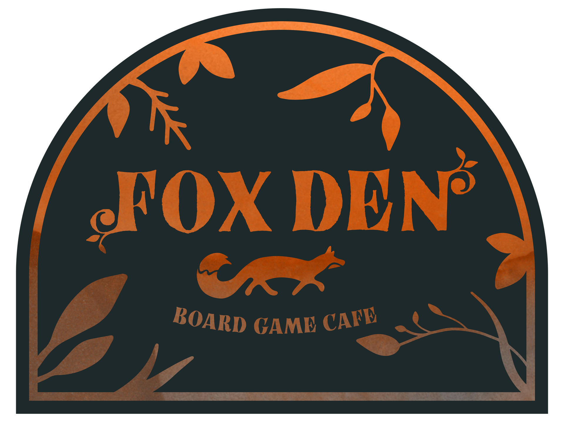 Fox Den Board Game Cafe logo: black arch with orange text and fox graphic, surrounded by orange plant illustrations.