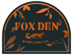Fox Den Board Game Cafe logo: black arch with orange text and fox graphic, surrounded by orange plant illustrations.