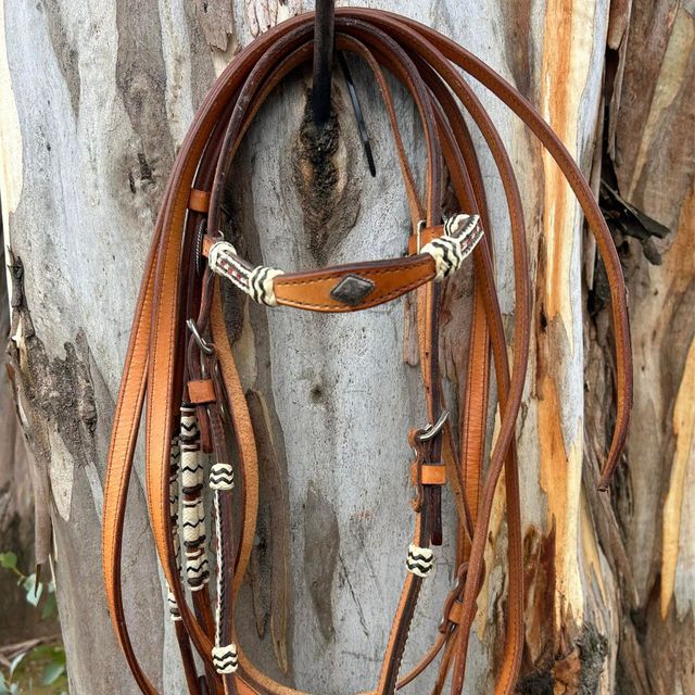 Coiled brown leather horse tack hanging on a weathered wooden wall