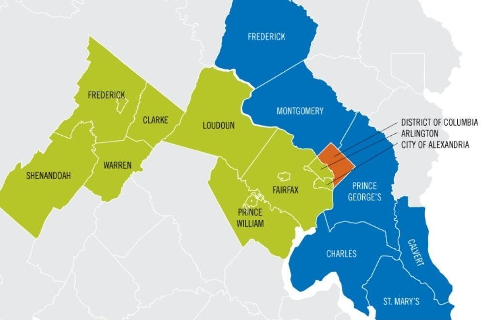 Map of Maryland and surrounding areas, highlighting counties in green and blue, with Washington D.C. in orange.