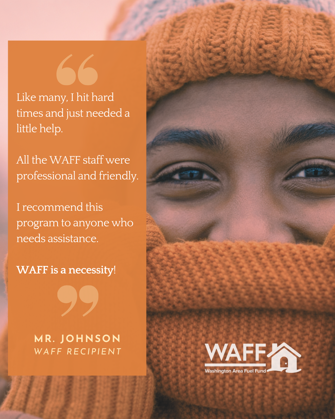Woman in orange shirt smiles, with quote: 