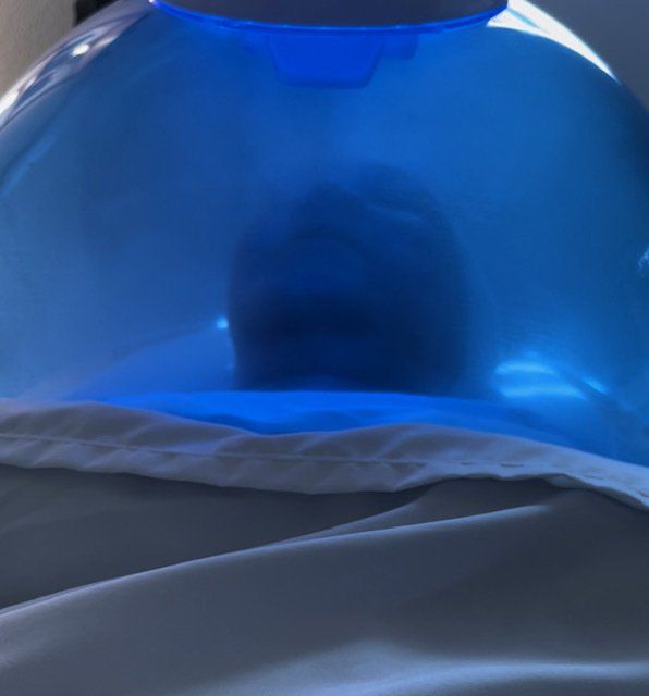 view inside the oxy dome showing blue light and steam