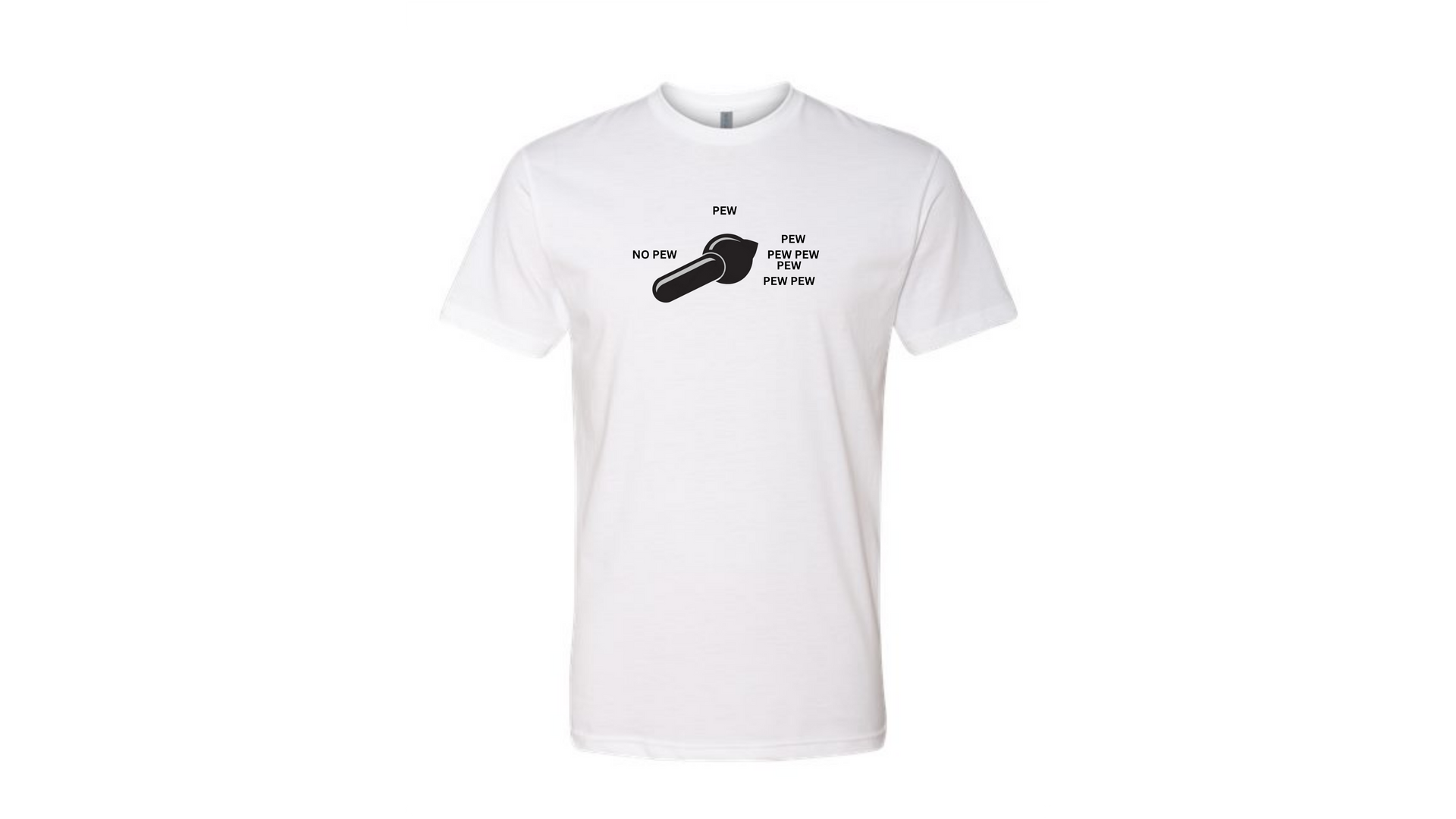White T-shirt with a black graphic print on the chest, shown against a plain white background