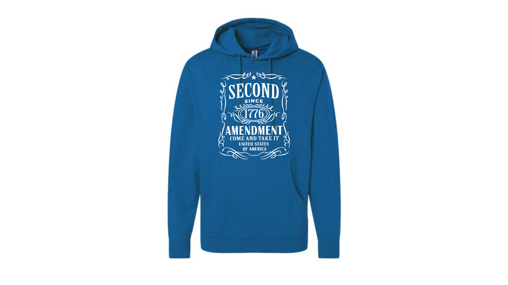 Blue hooded sweatshirt with white graphic text on the chest.