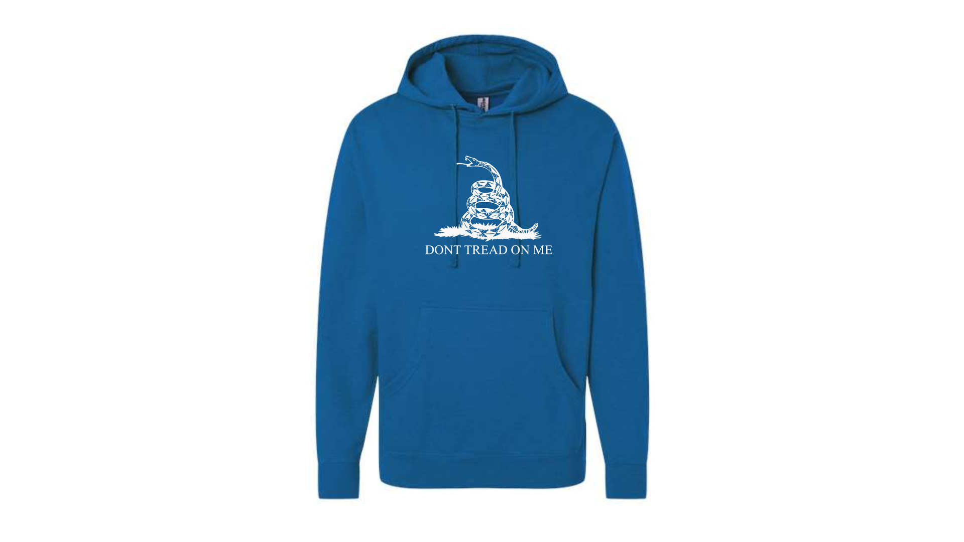 Blue hooded sweatshirt with a white graphic on the chest, shown front-facing on a white background