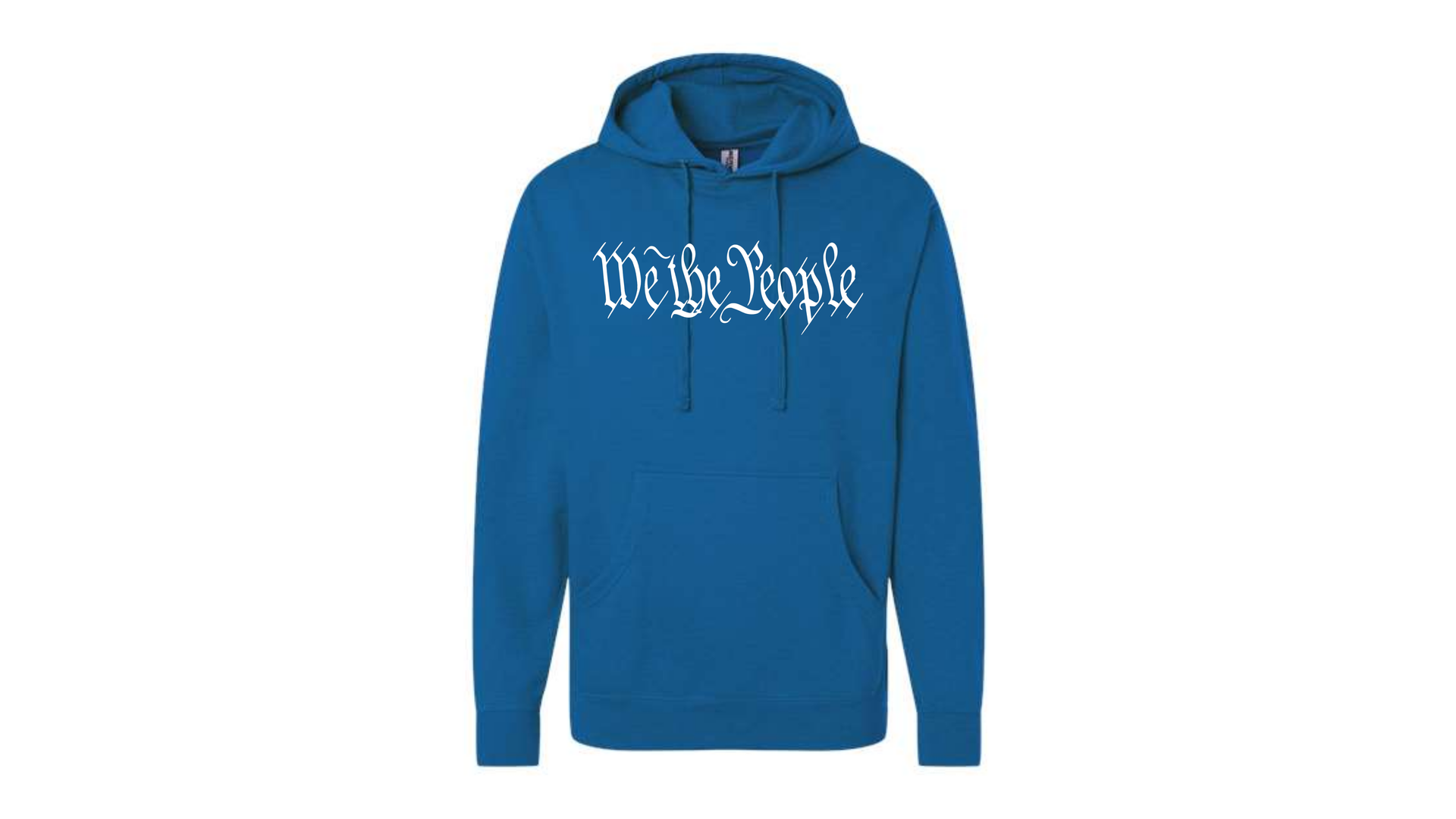 Blue hooded sweatshirt with front pocket and white graphic logo on the chest