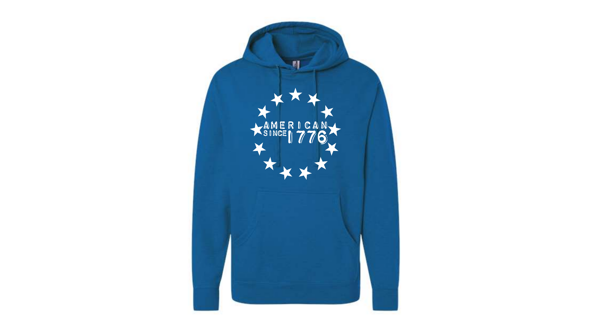 Blue hooded sweatshirt with a white circular star-and-text logo on the chest.