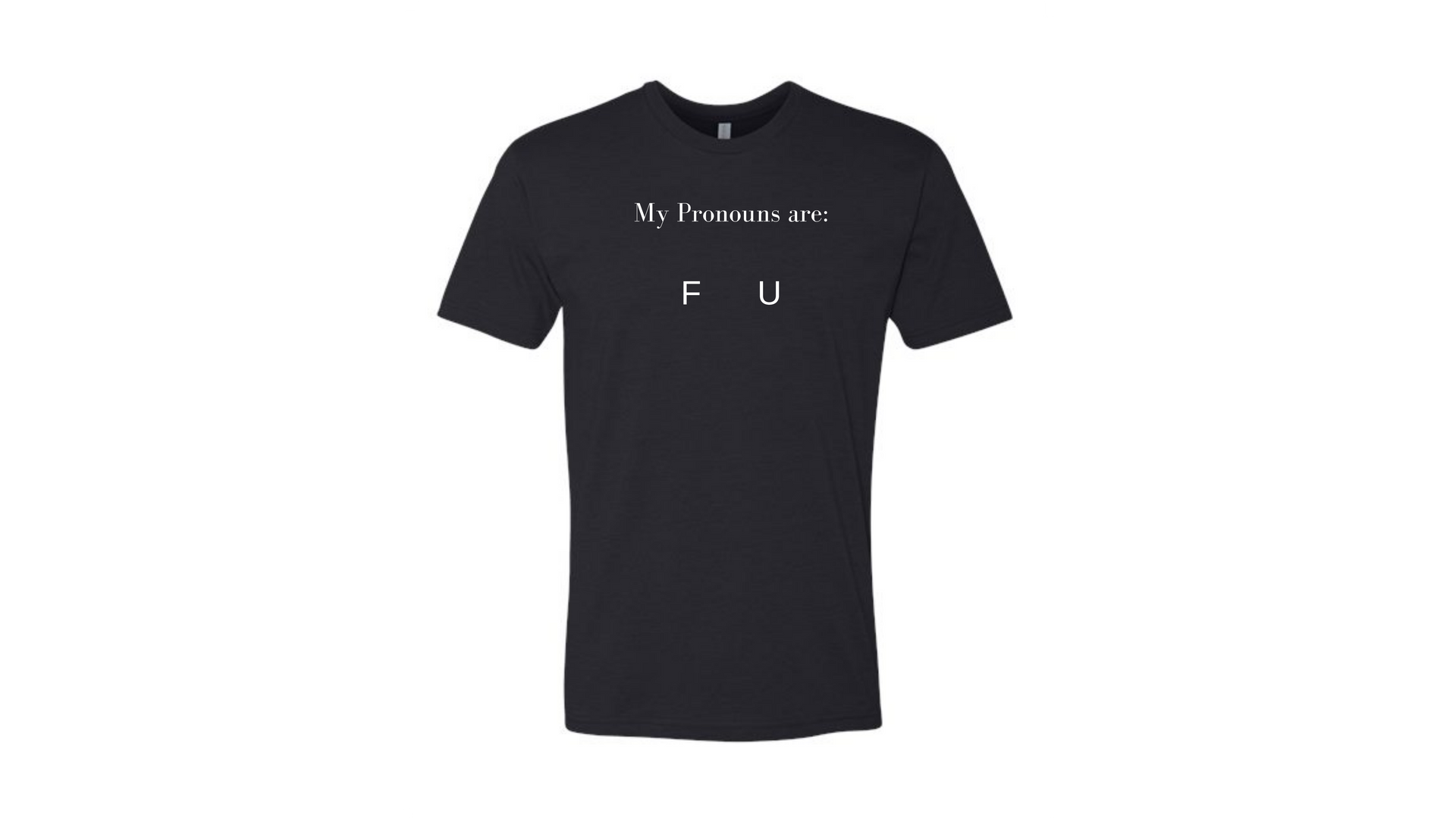 Black T-shirt with white text on the chest, shown front view on a white background