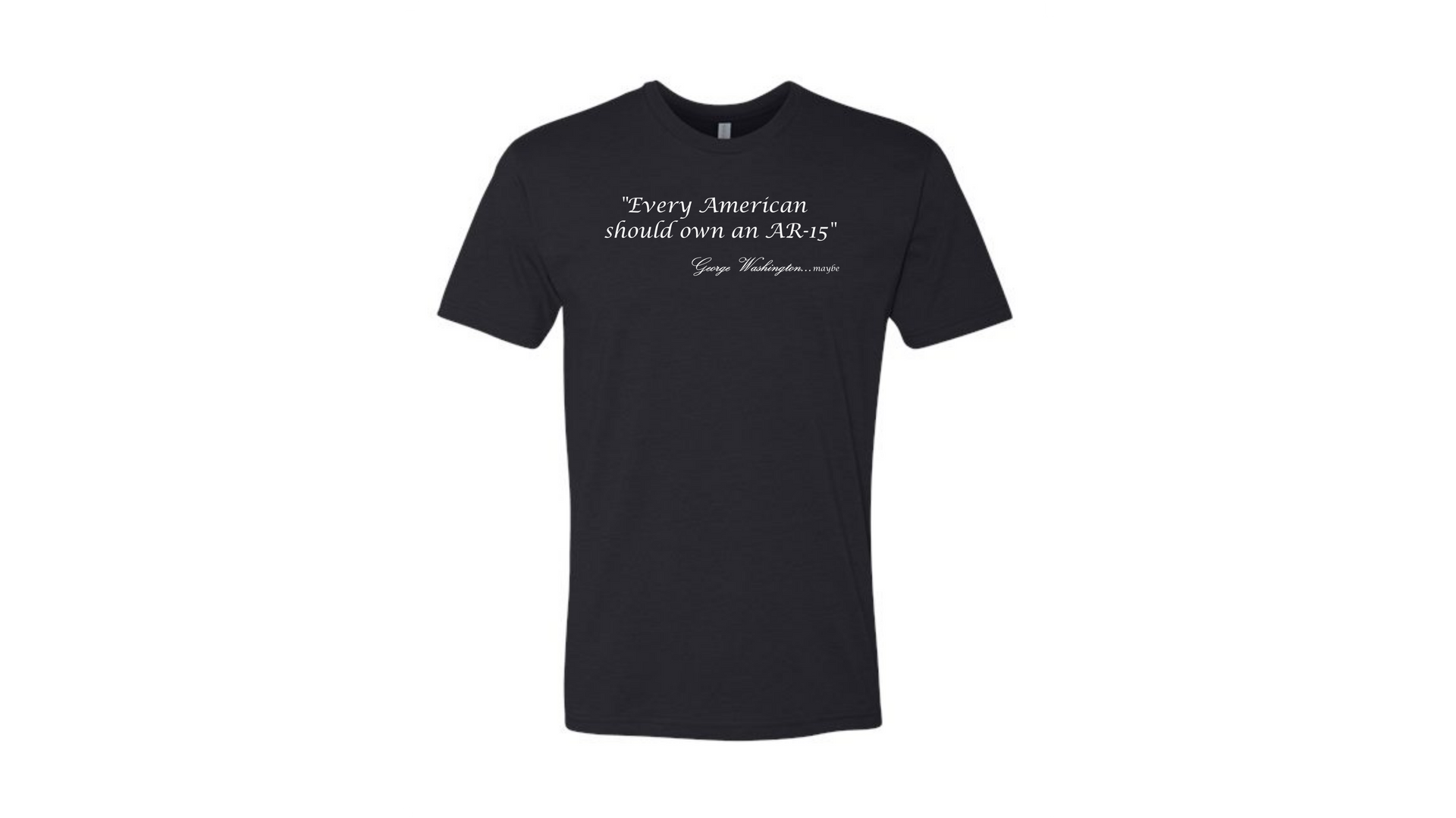 Black T-shirt with small white text printed across the chest on a white background