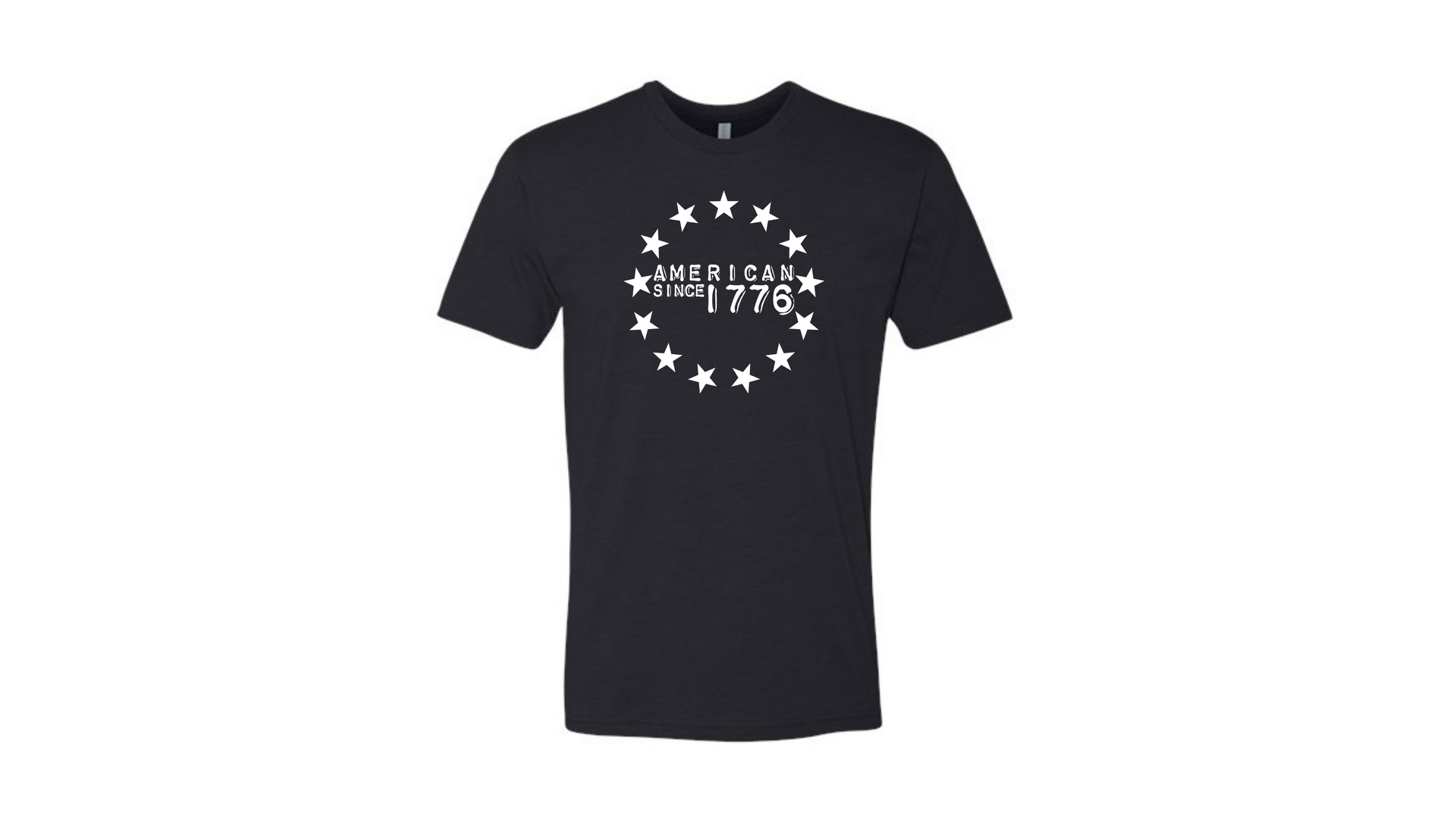 Black T-shirt with a white star pattern and small central text on the chest.