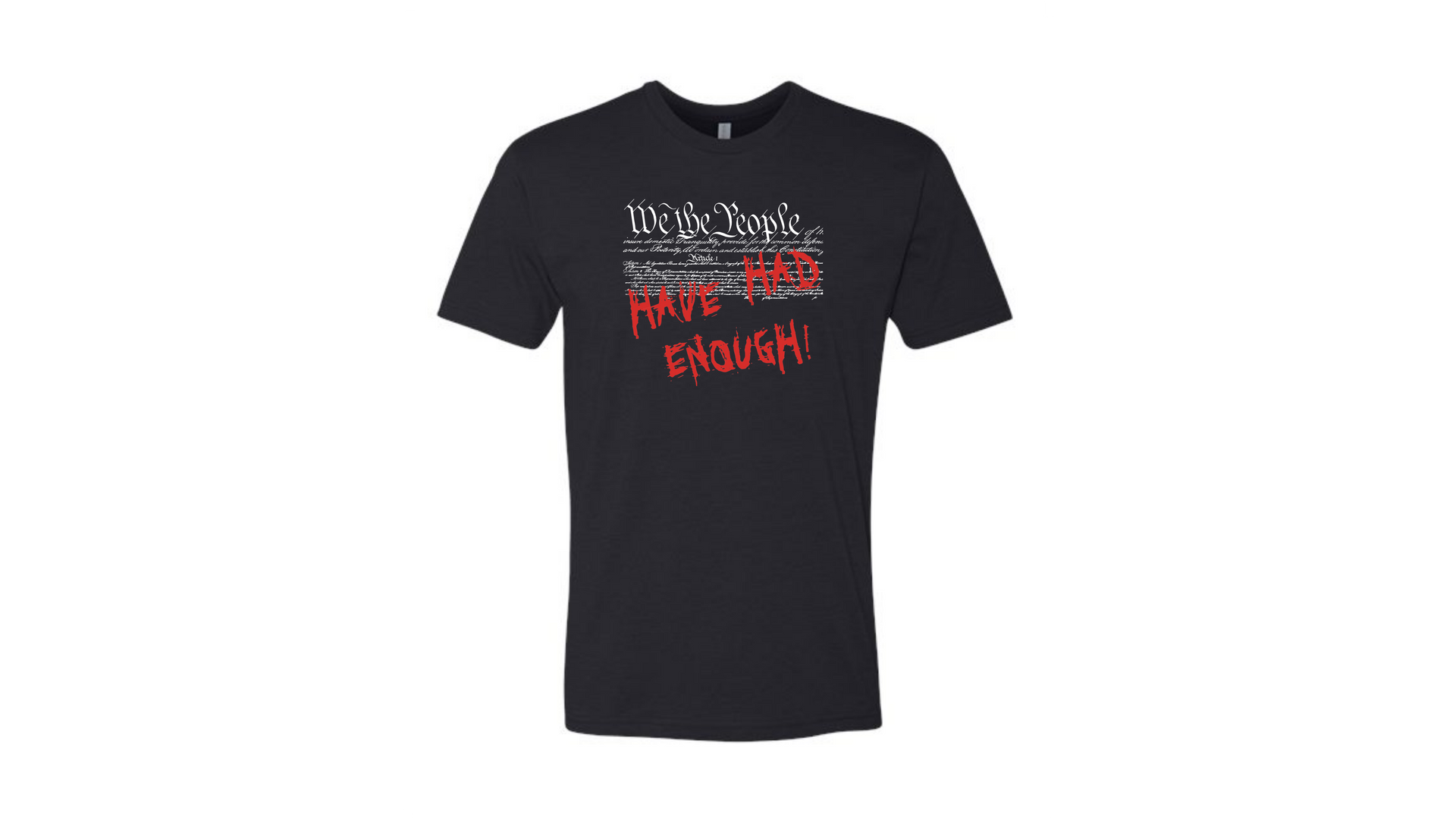 Black graphic T-shirt with red and white text on a white background