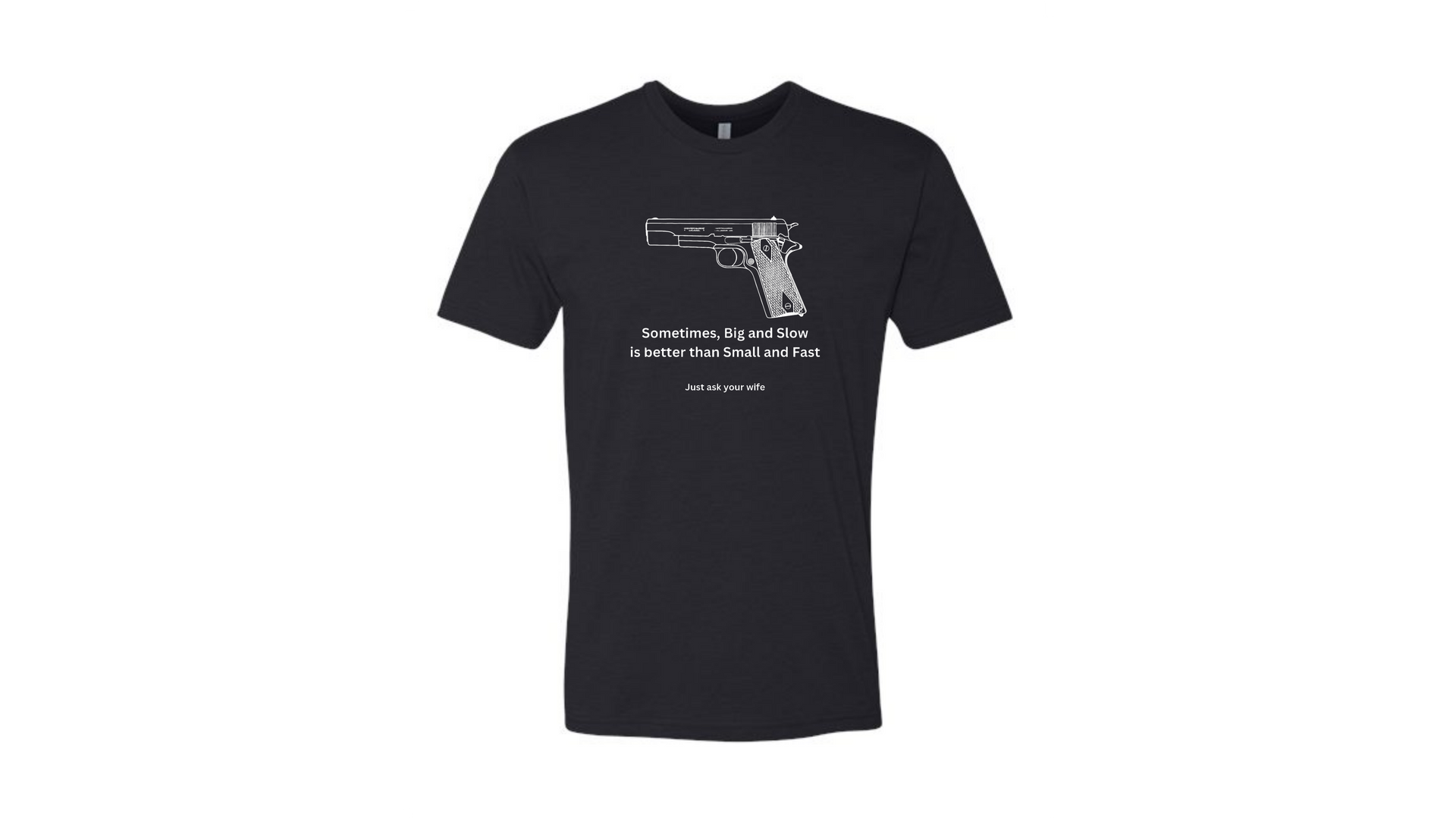 Black T-shirt with a white pistol graphic and small text on the chest, isolated on a white background