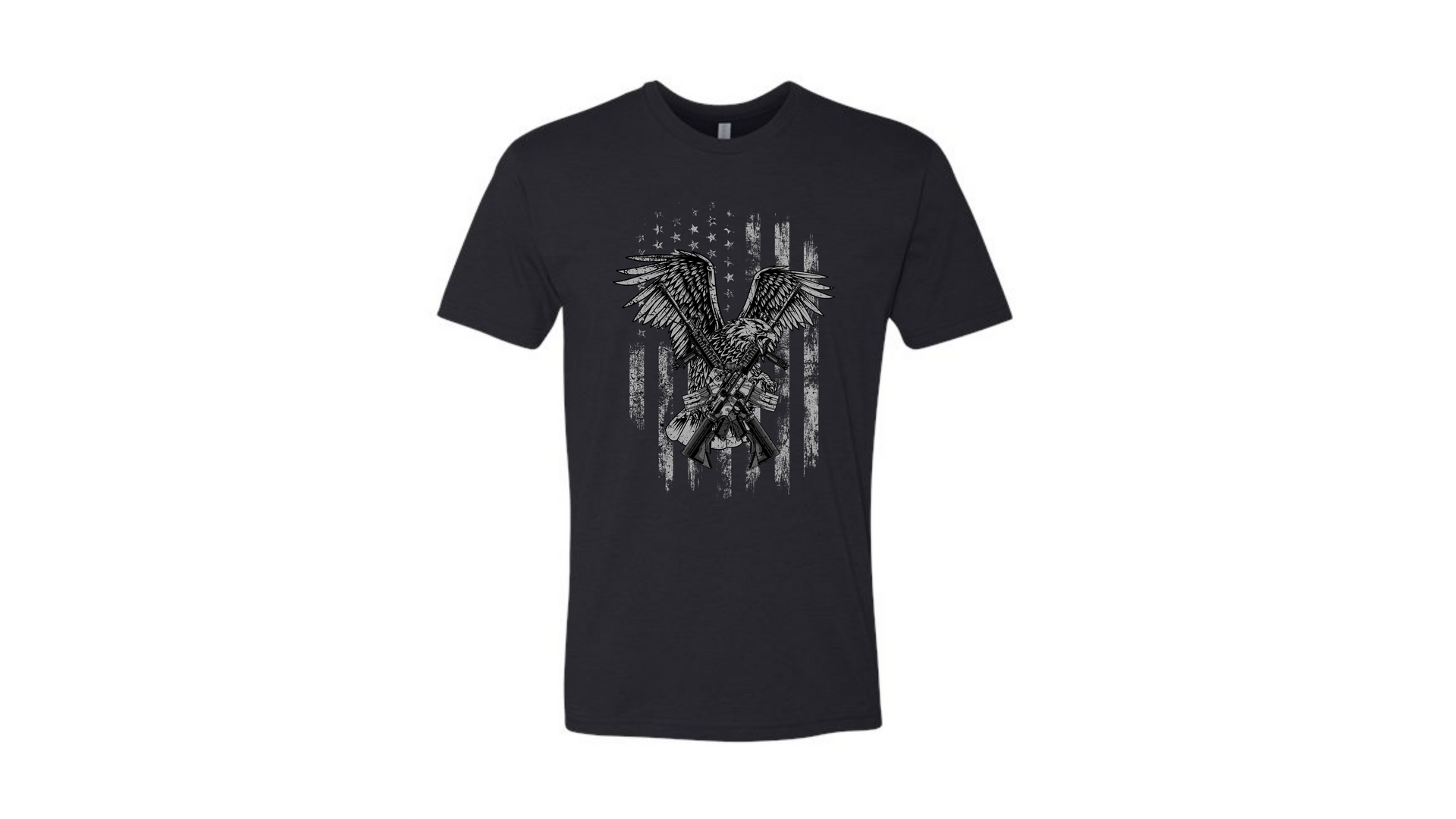 Black T-shirt with a white abstract graphic print on the front