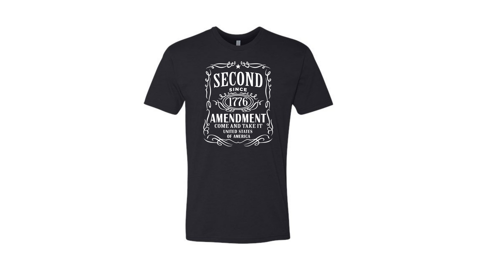 Black T-shirt with white text graphic on the chest, shown against a white background