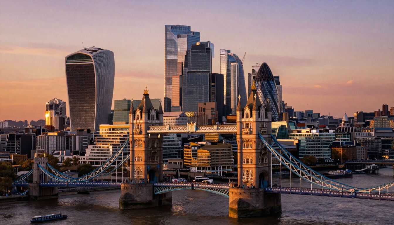 Tower Bridge at sunset with London skyline and river reflections