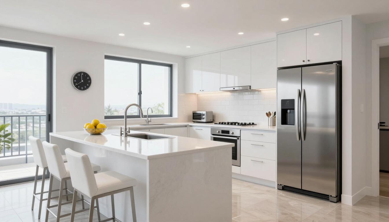 Bright modern kitchen with white island, stainless-steel fridge, and large windows overlooking a balcony.