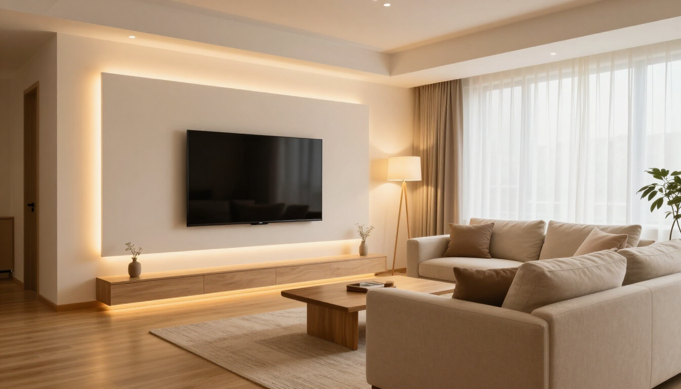 Modern beige living room with wall-mounted TV, sectional sofa, and large sheer-curtained windows