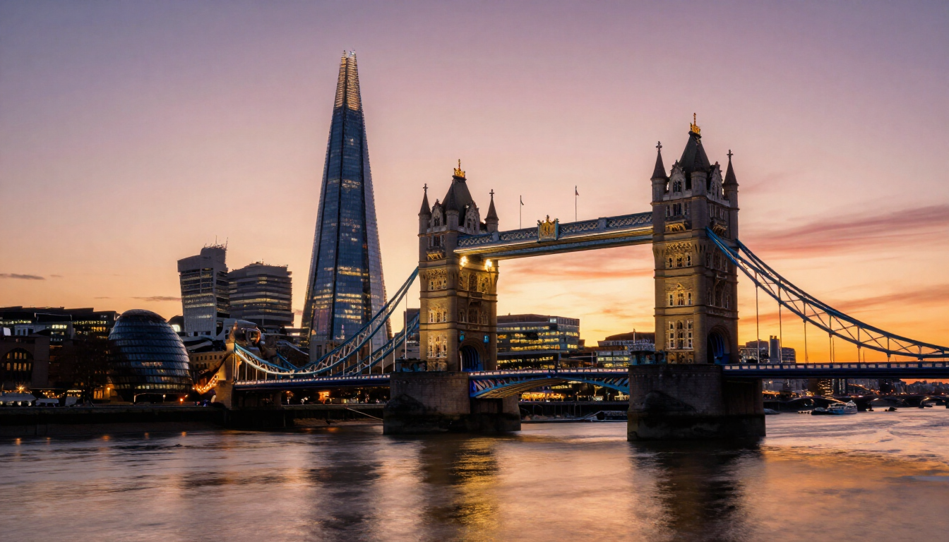 Tower Bridge and The Shard lit at sunset over the River Thames in London