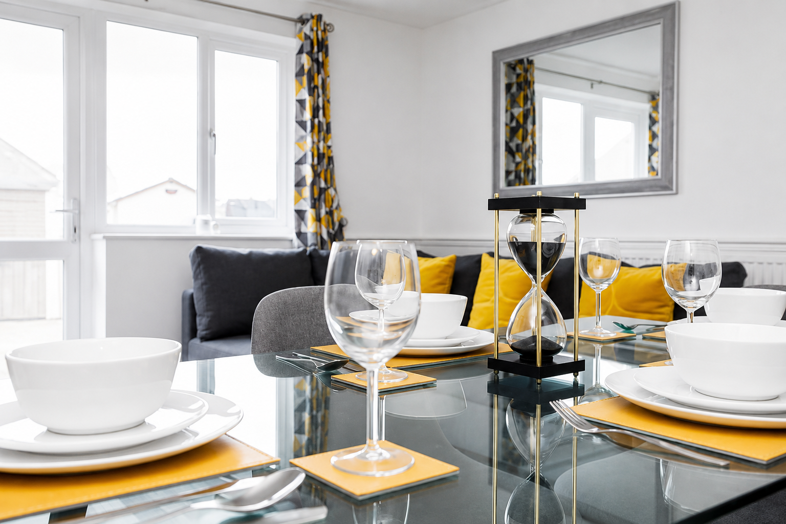 Modern dining table set in a bright living room with black, white, and yellow accents