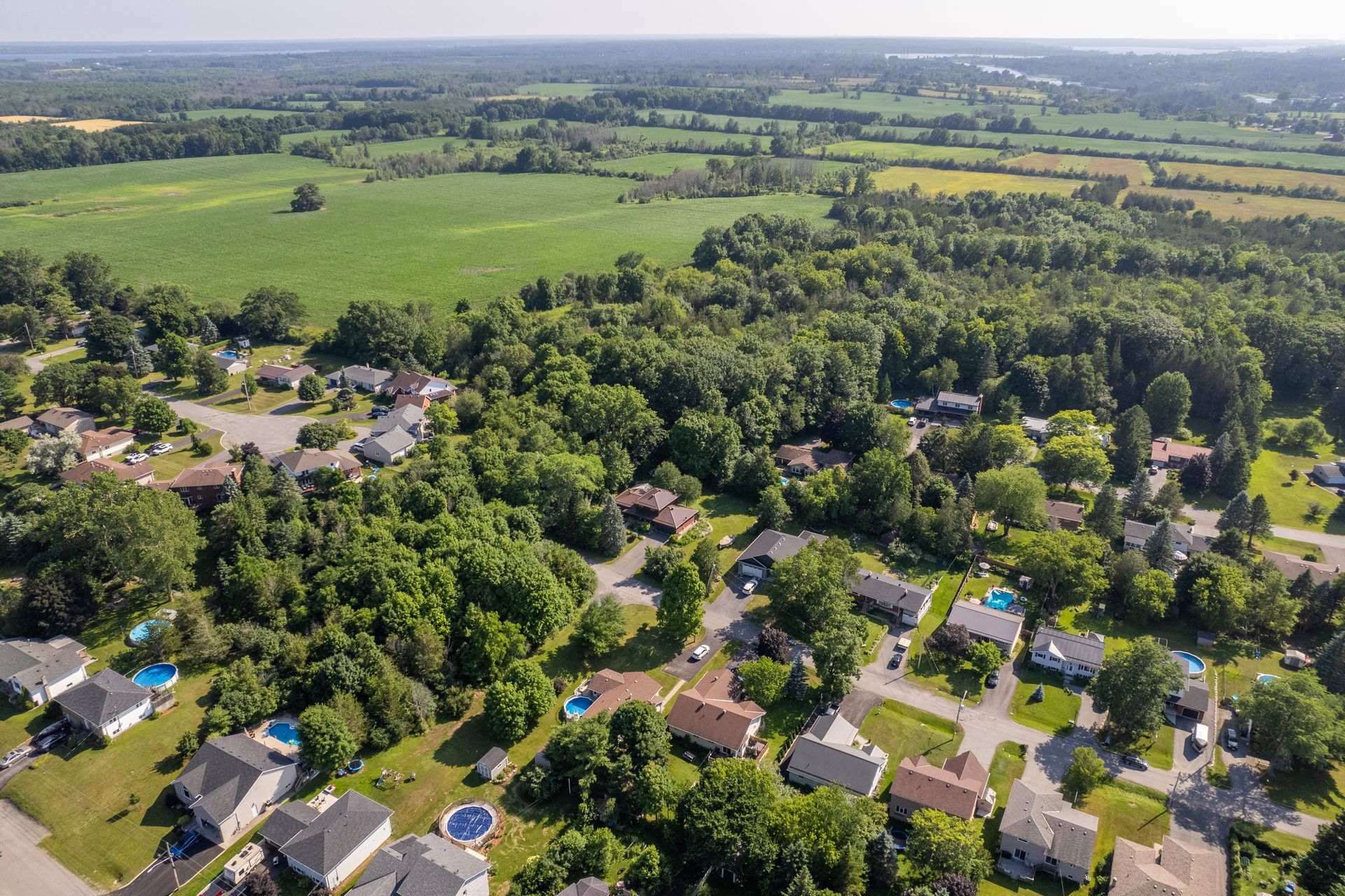 Aerial view of suburban houses, surrounded by green trees and fields under a blue sky.