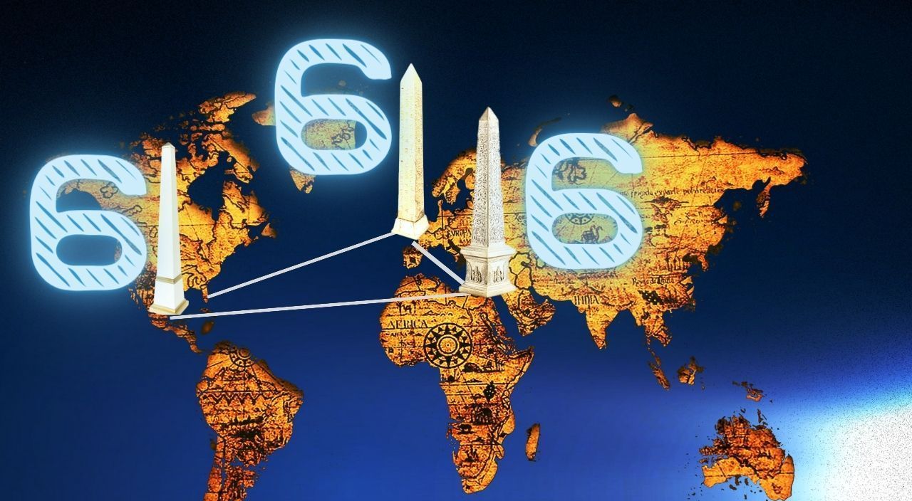 World map with glowing 6s over obelisks, connected by lines. Dark blue background with yellow continents.