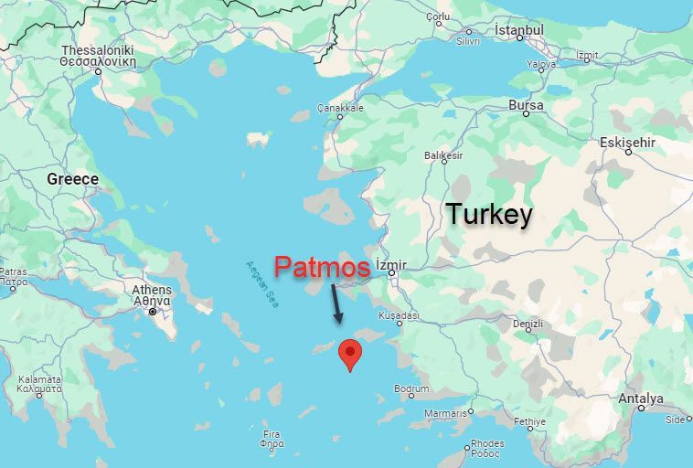 Map of Greece and Turkey; Patmos island is marked with a red pin.