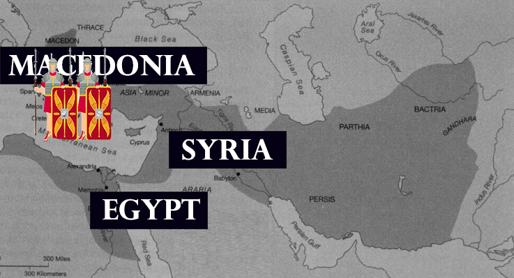 Map of ancient empires: Macedonia, Syria, and Egypt are labeled. A shaded region depicts their territorial influence.