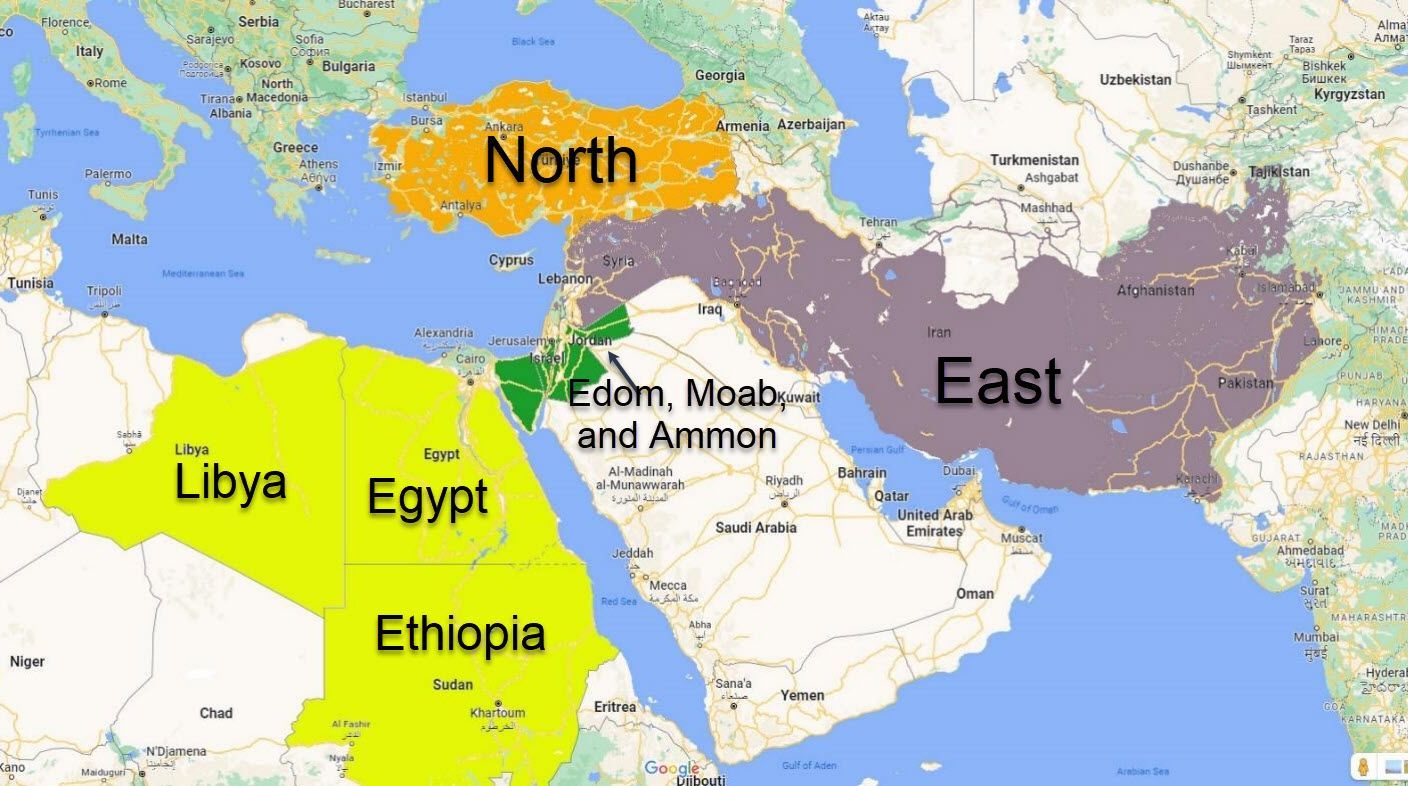 Map of the Middle East, highlighting regions: North (Turkey), East, Libya, Egypt, Ethiopia, and Edom, Moab, and Ammon.