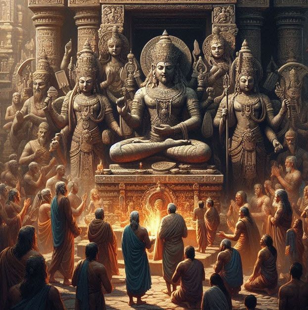 Statue of a deity in a temple, surrounded by worshipers, offering prayers.
