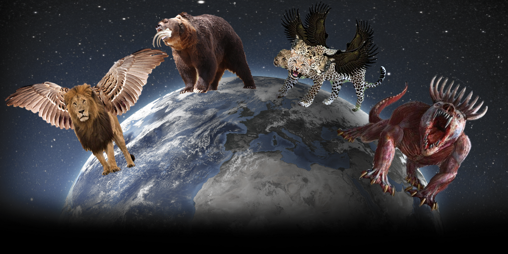 Four fantastical beasts, including a winged lion, a bear, and a creature with spots and wings, float above Earth in space.