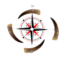 Compass rose with red, black, and white elements, surrounded by four brown horns. 
