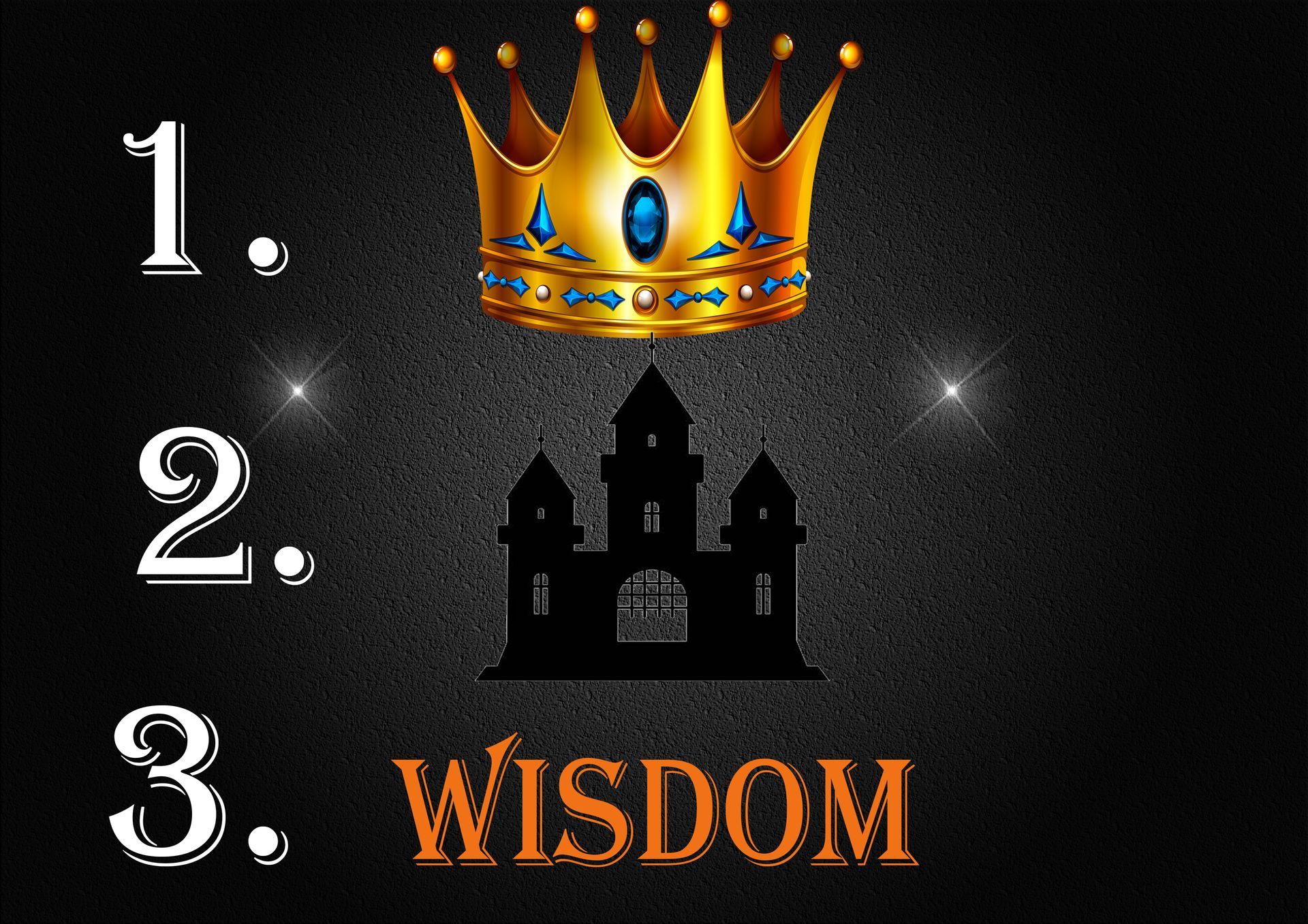 1. Crown, 2. Castle, 3. Wisdom on a black background.