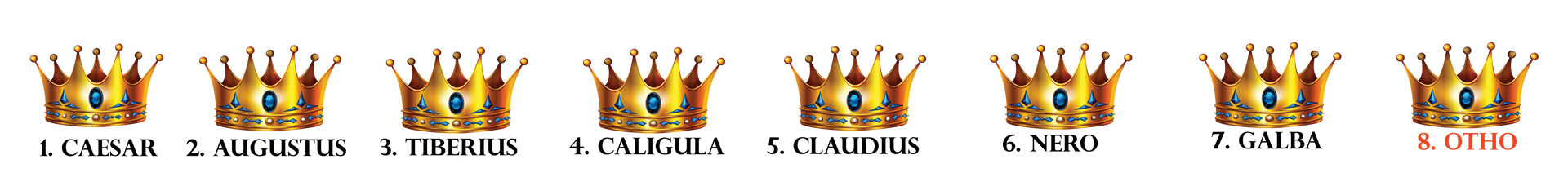 Eight golden crowns with names below: 1. Caesar, 2. Tiberius, 3. Caligula, 4. Claudius, 5. Nero, 6. Galba, 7. Otho.