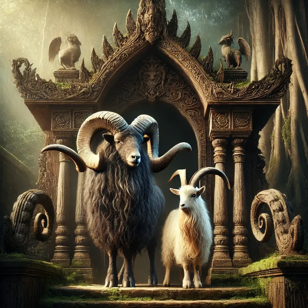 Two goats standing before an ornate wooden archway in a forest setting; one is dark, the other white.