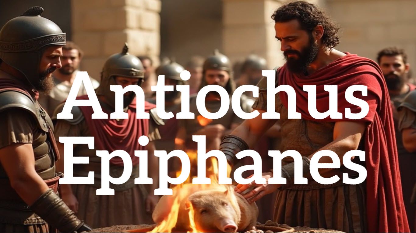 Man in red robes, possibly Antiochus Epiphanes, sacrifices a pig on an altar before soldiers.