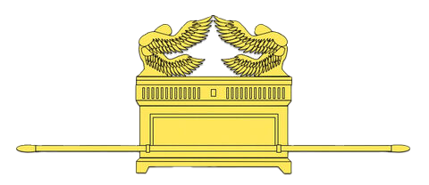Gold-colored Ark of the Covenant with two cherubim and carrying poles.