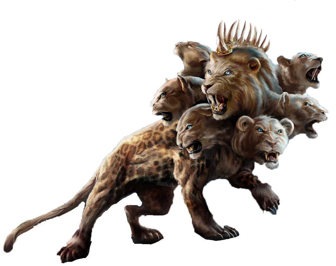 A fantastical beast with seven lion heads, leopard body, and a crown, snarling.