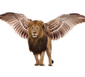Winged lion with brown fur and outstretched wings against a white background.