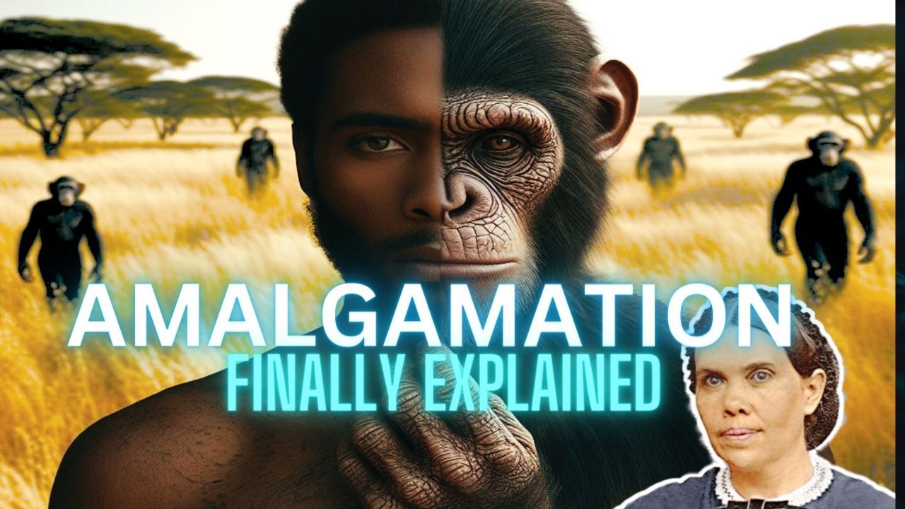 Composite face: half human, half ape, foreground; savanna background; text 
