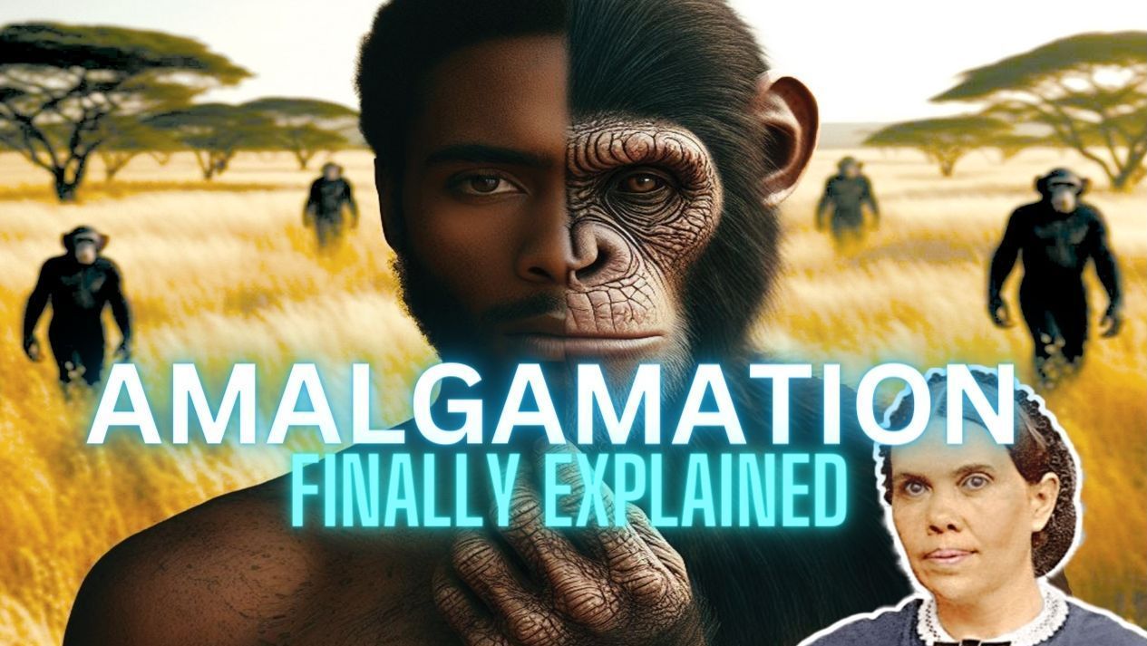 A split-faced figure, half human and half ape, in a savanna setting. Text: Amalgamation finally explained.