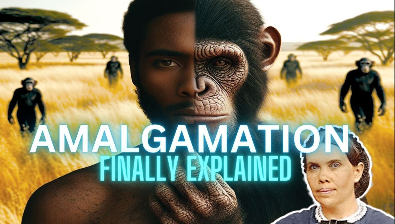 Half-human, half-ape composite face with text 