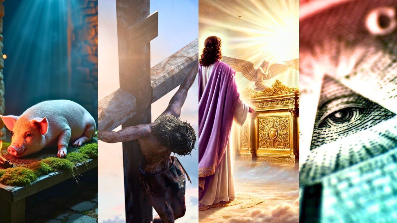Four images: pig, crucifixion, Jesus with ark, eye in pyramid.