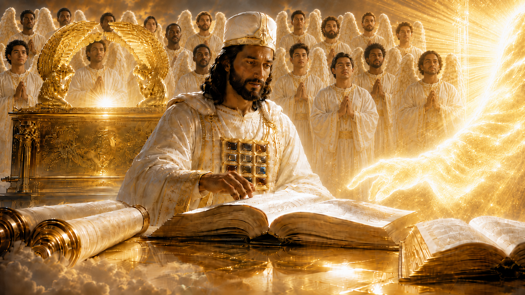 Jesus seated at a glowing golden table, reading an open book with radiant figures behind him