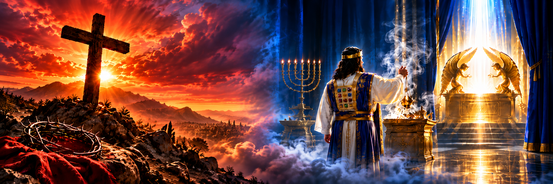 Cross silhouetted at sunset beside a glowing golden temple and robed figure amid swirling clouds