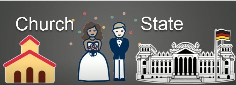 Illustration comparing church and state, featuring a church, a wedding couple, and a government building with the German flag.