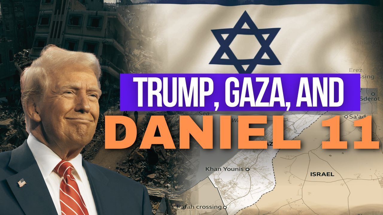 Donald Trump, Star of David, and map of Israel/Gaza with text: 