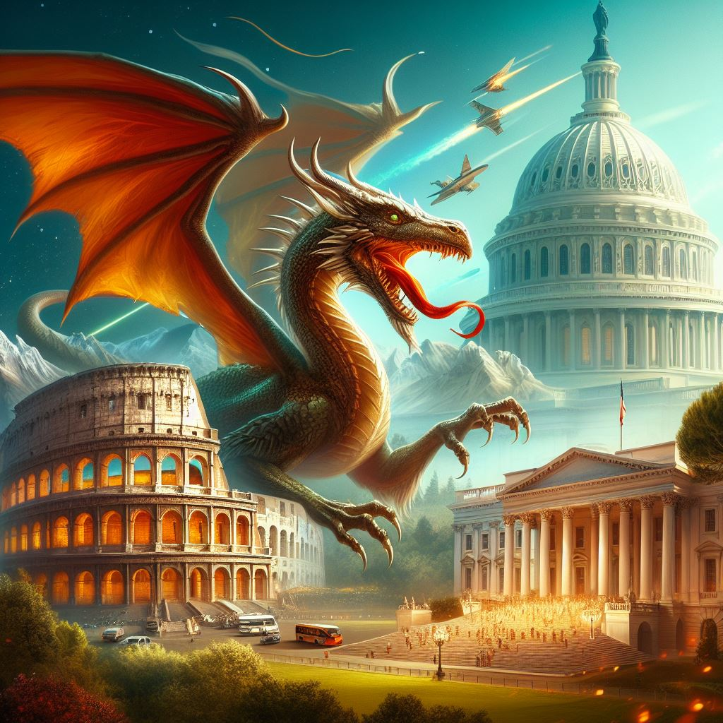 Dragon flying over the Colosseum, Capitol Building, and White House with jets in the sky.