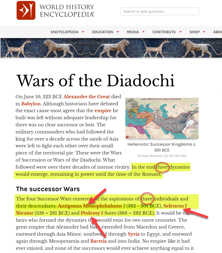 A webpage excerpt about the Wars of the Diadochi, a historical conflict after Alexander the Great's death.